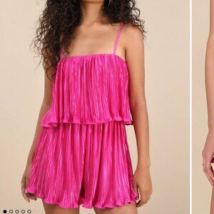 Lulu’s Fun Flirt Hot Pink Satin Plisse Sleeveless Romper Womens Medium Shiny